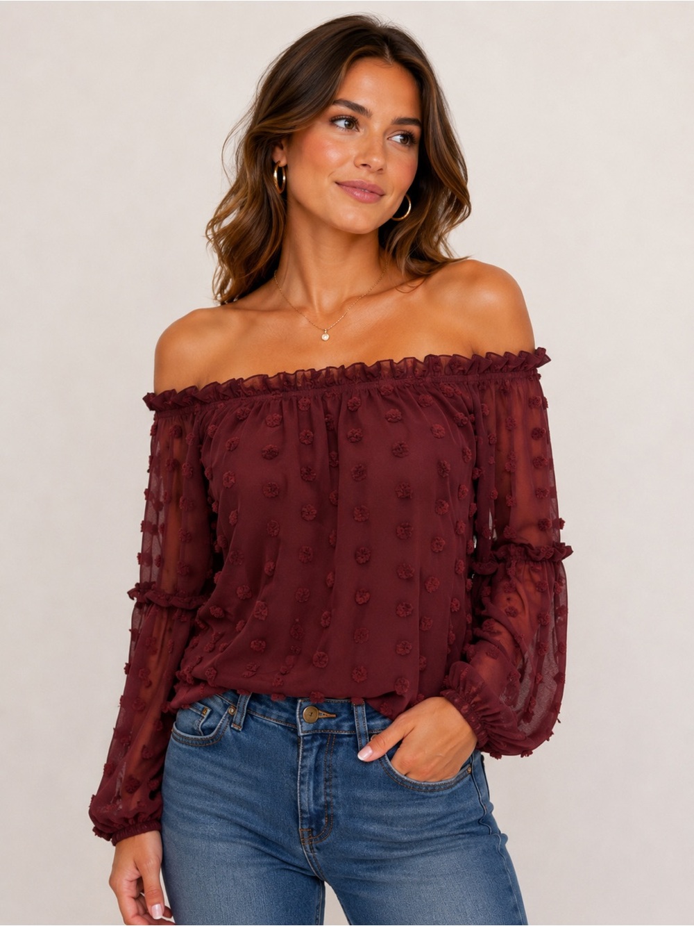 Blooming Jelly Off-Shoulder Burgundy Swiss Dot Blouse - Women Size M
